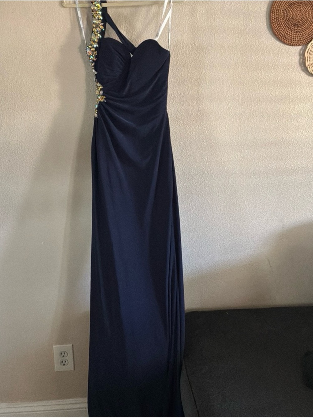 Navy One-Shoulder Prom Dress with Beaded Accent